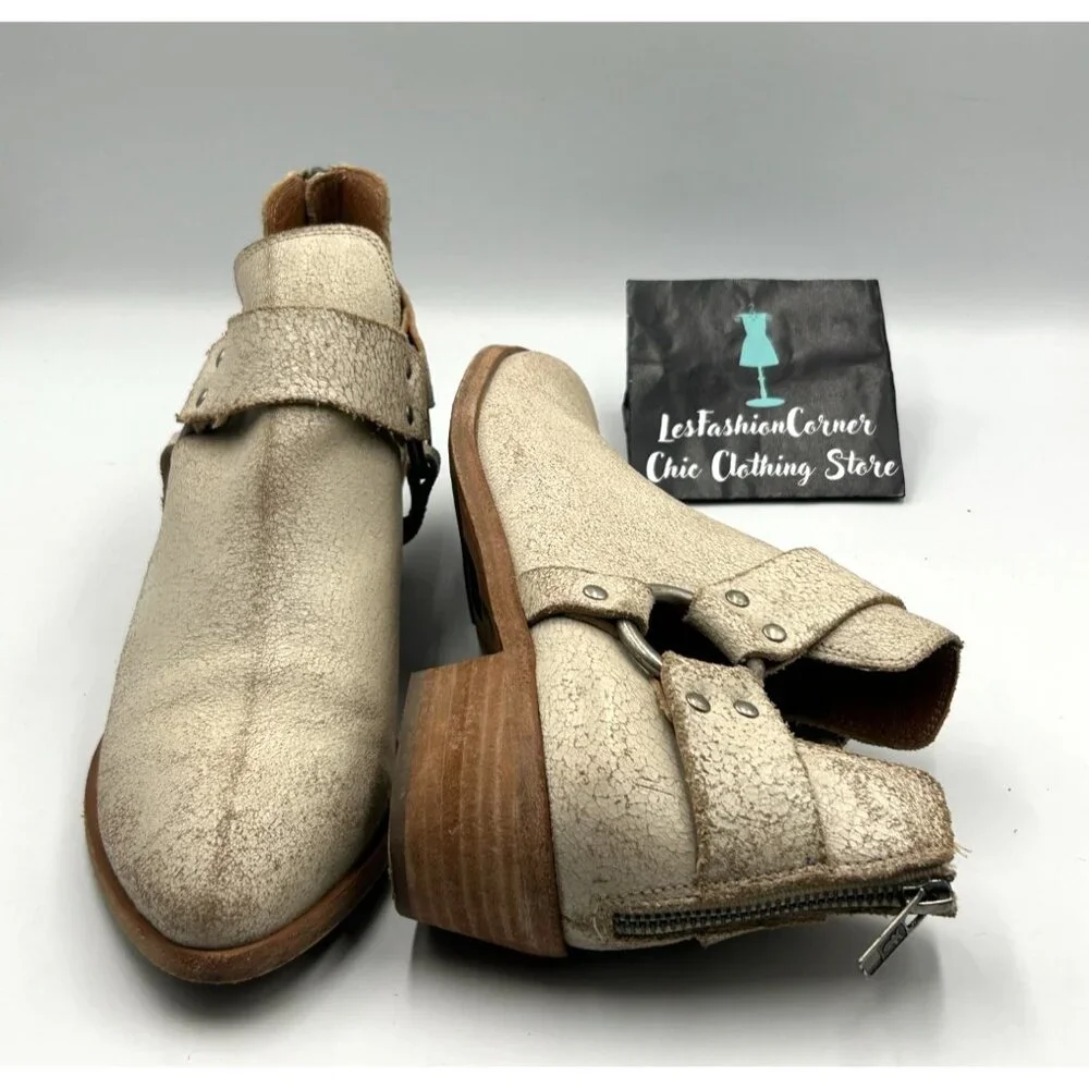 Frye Women Distressed Beige Leather Ray Harness Western Ankle Boots Sz 9.5 3255 - Picture 7 of 16